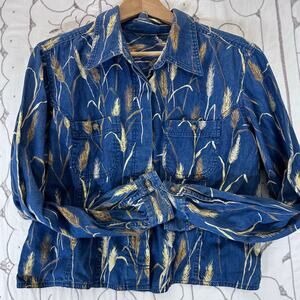 Vintage Chambray Denim Wheat Print Button Front Shirt Jacket – Women’s Medium